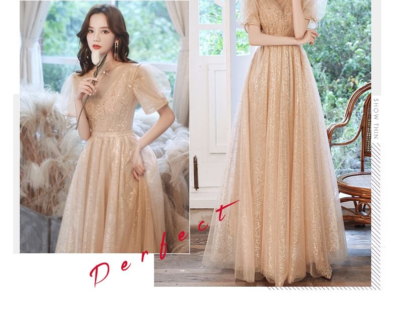 Short-Sleeve Evening Gown Mesh A-Line Sequin