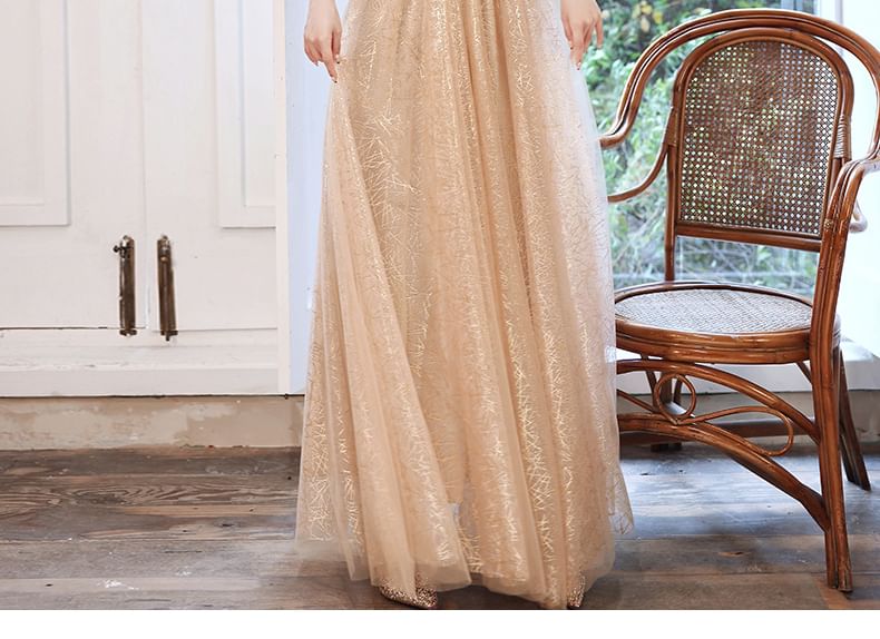 Short-Sleeve Evening Gown Mesh A-Line Sequin