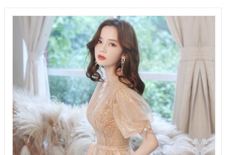 Short-Sleeve Evening Gown Mesh A-Line Sequin