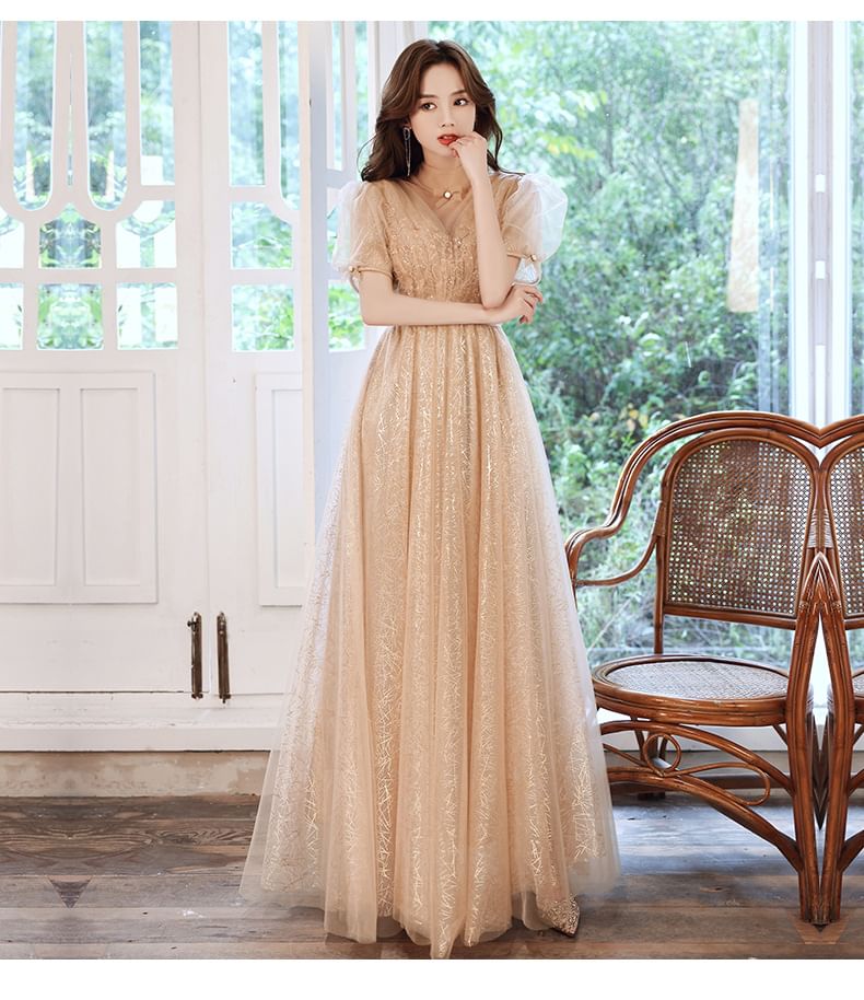 Short-Sleeve Evening Gown Mesh A-Line Sequin