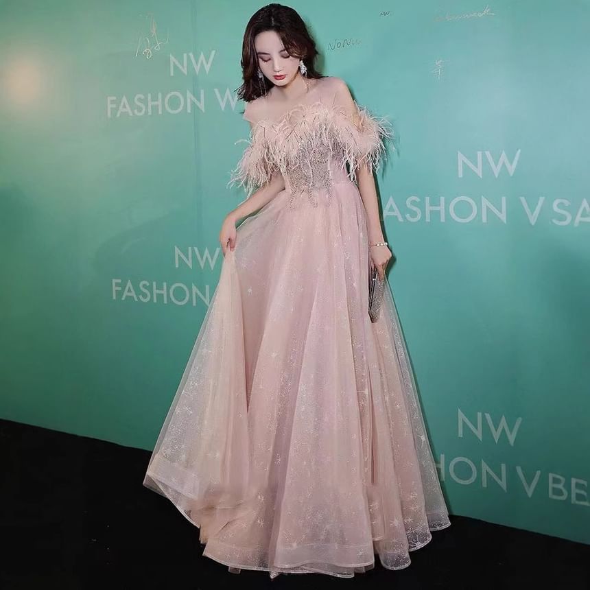 A-Line / Evening Gown Off-Shoulder Midi Trim Sequin Fluffy Dress Mesh