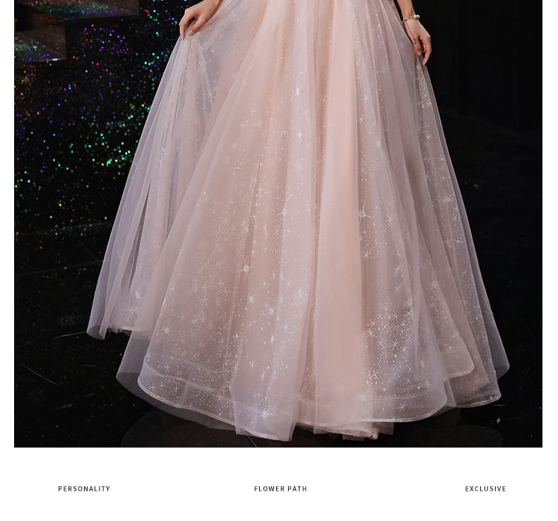 A-Line / Evening Gown Off-Shoulder Midi Trim Sequin Fluffy Dress Mesh