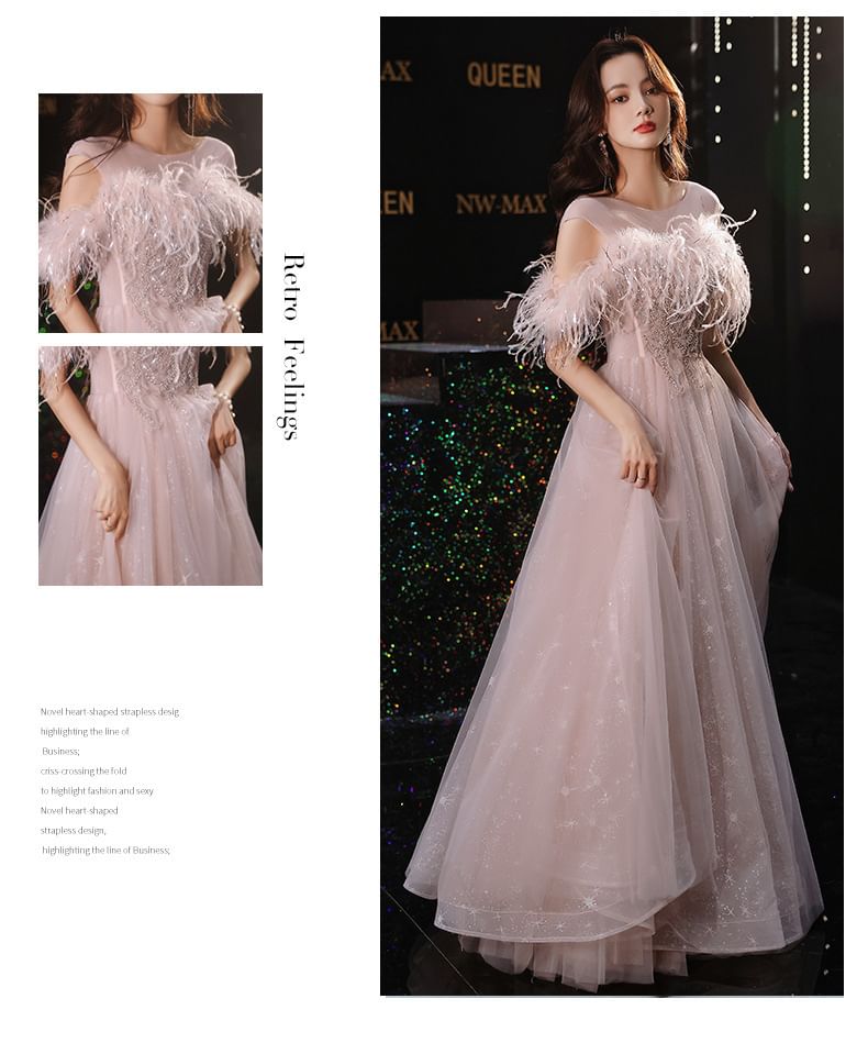 A-Line / Evening Gown Off-Shoulder Midi Trim Sequin Fluffy Dress Mesh