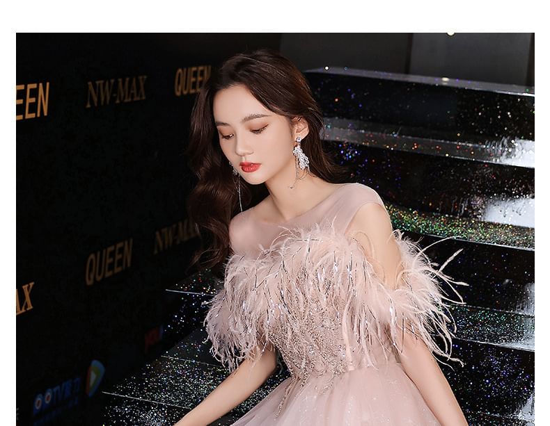 A-Line / Evening Gown Off-Shoulder Midi Trim Sequin Fluffy Dress Mesh