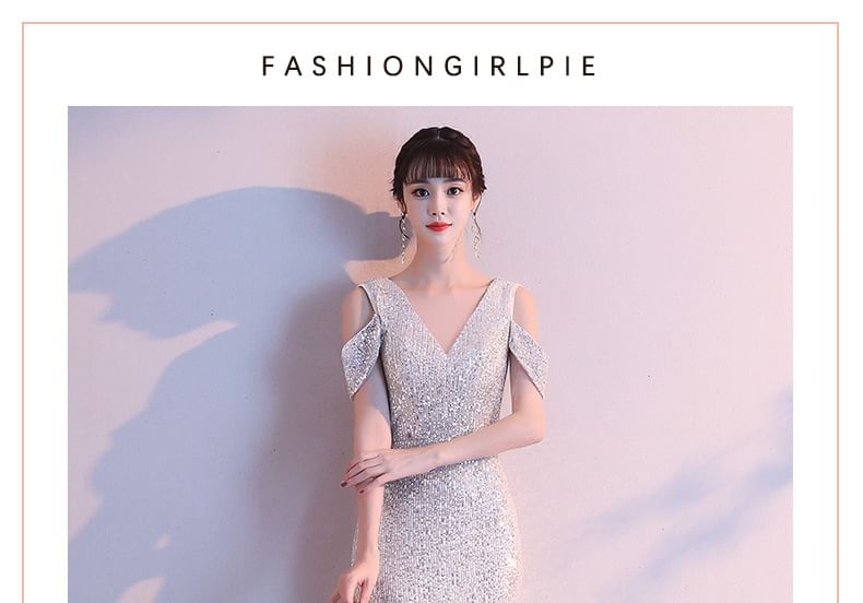 Gown V-Neck Sequin Cap-Sleeve Mermaid Evening Cold-Shoulder