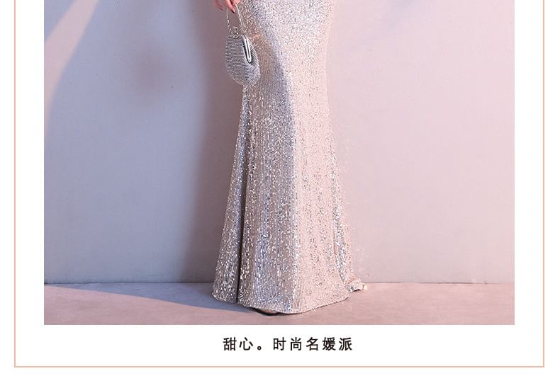 Gown V-Neck Sequin Cap-Sleeve Mermaid Evening Cold-Shoulder