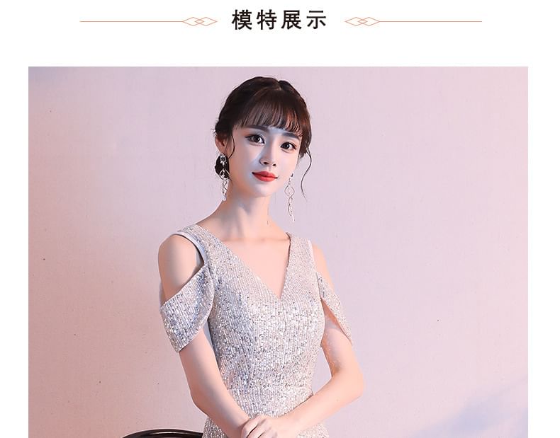 Gown V-Neck Sequin Cap-Sleeve Mermaid Evening Cold-Shoulder