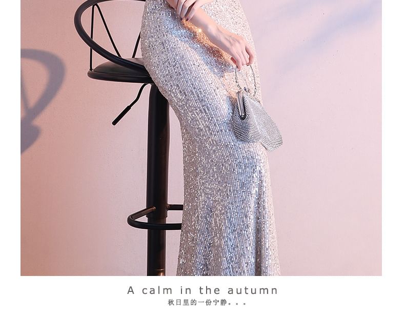 Gown V-Neck Sequin Cap-Sleeve Mermaid Evening Cold-Shoulder