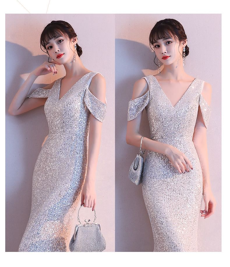Gown V-Neck Sequin Cap-Sleeve Mermaid Evening Cold-Shoulder