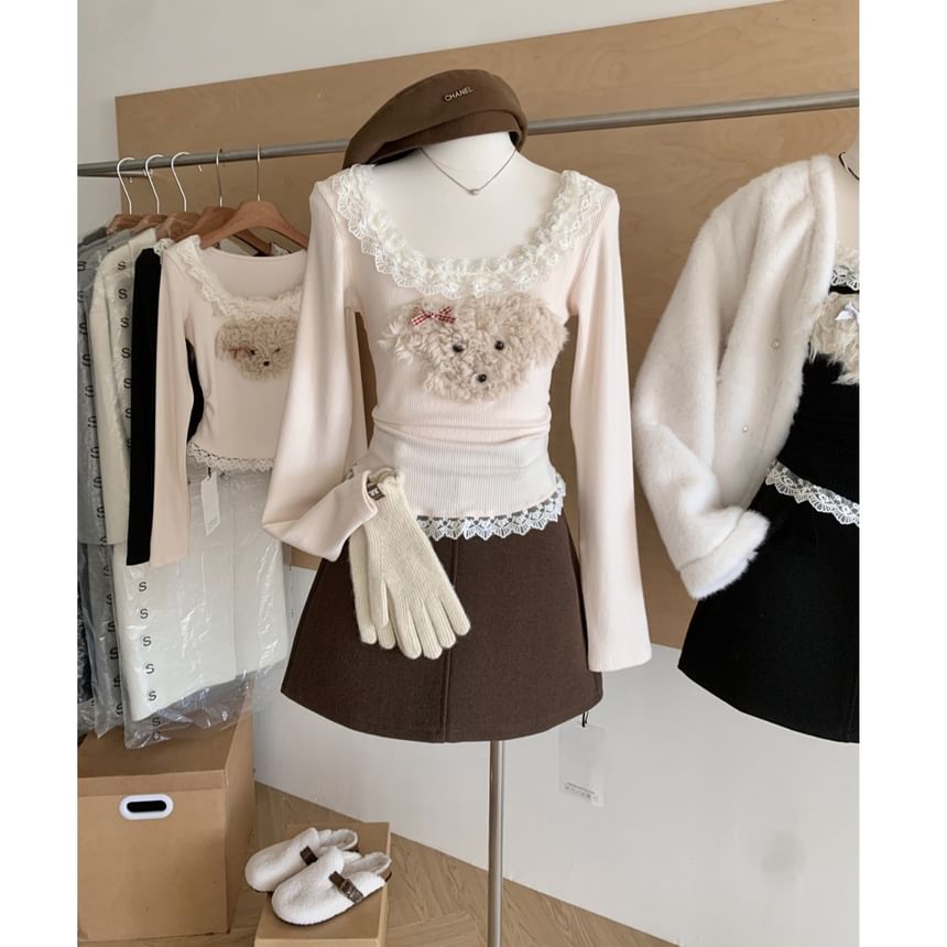 Panel Neck Sleeve Top Long Ruffle Patterned Scoop Cartoon