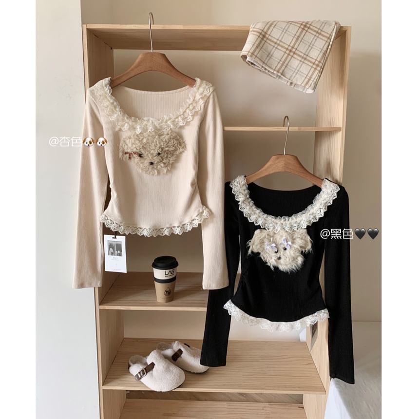 Panel Neck Sleeve Top Long Ruffle Patterned Scoop Cartoon