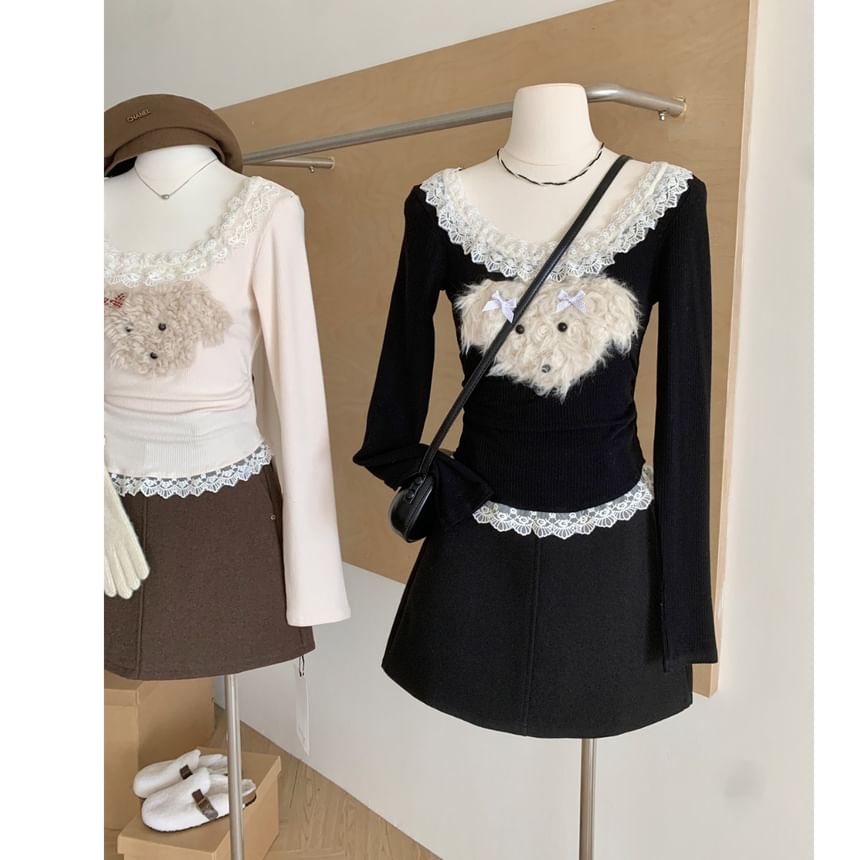 Panel Neck Sleeve Top Long Ruffle Patterned Scoop Cartoon