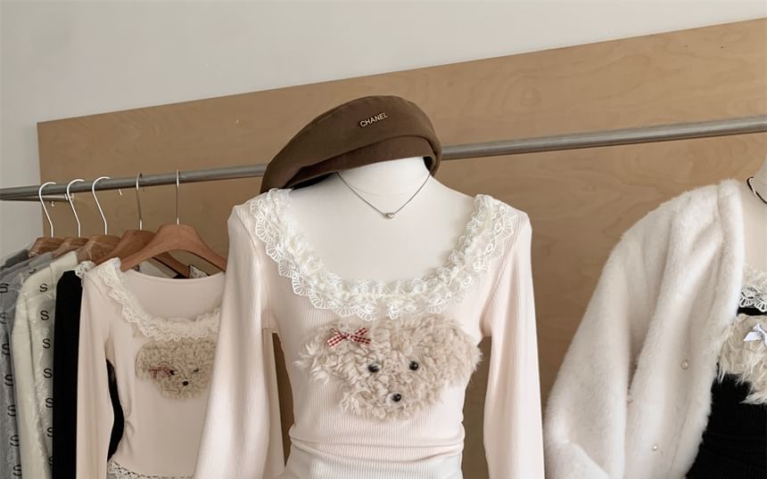 Panel Neck Sleeve Top Long Ruffle Patterned Scoop Cartoon