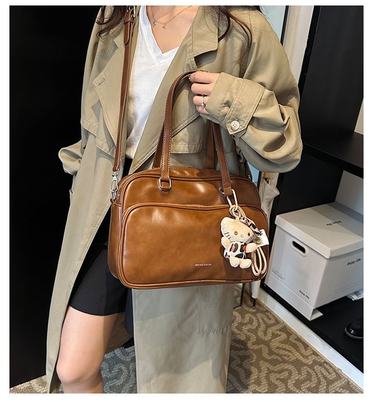 Multi-Pocket Lettering Faux Leather Tote Bag