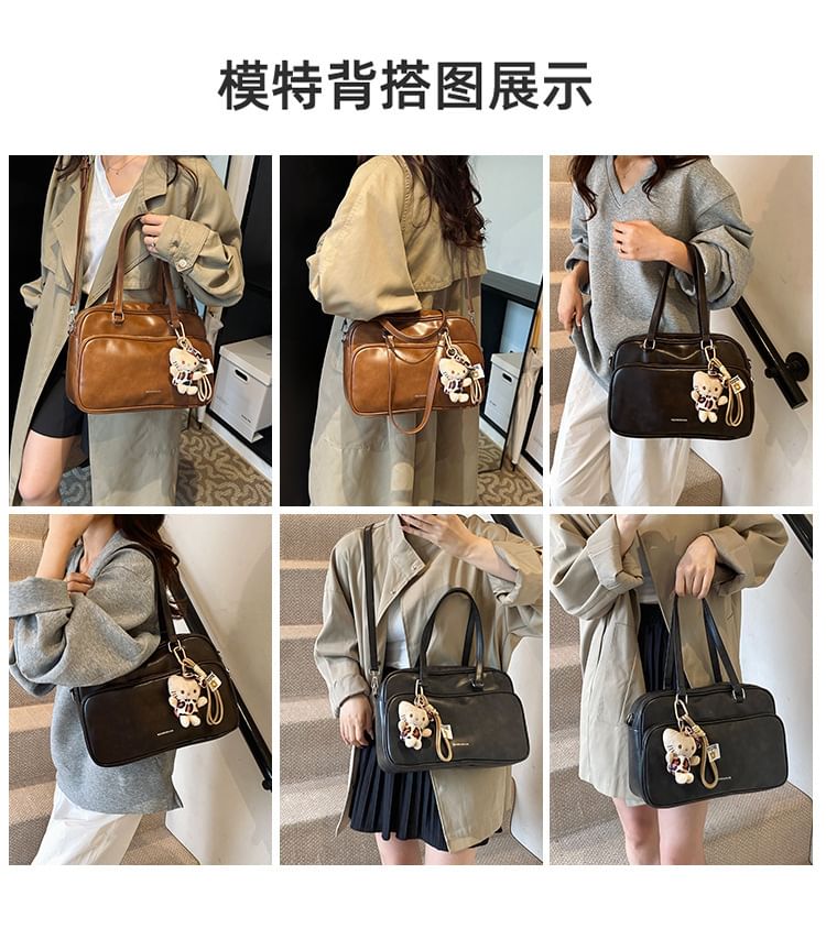 Multi-Pocket Lettering Faux Leather Tote Bag