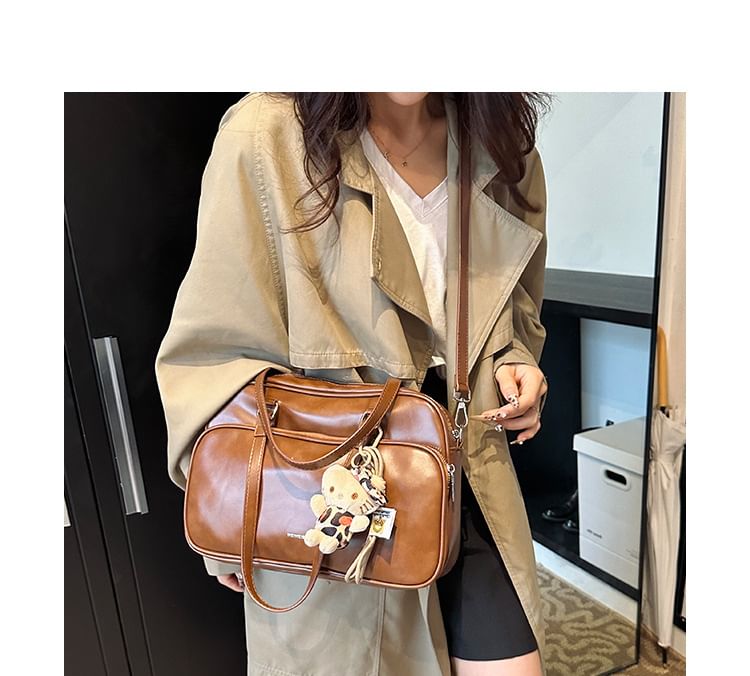 Multi-Pocket Lettering Faux Leather Tote Bag