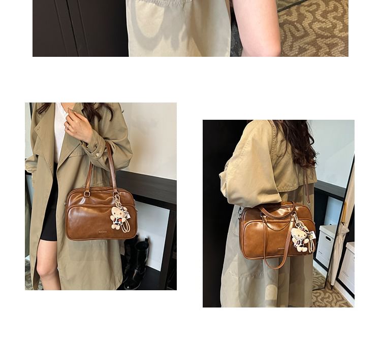 Multi-Pocket Lettering Faux Leather Tote Bag