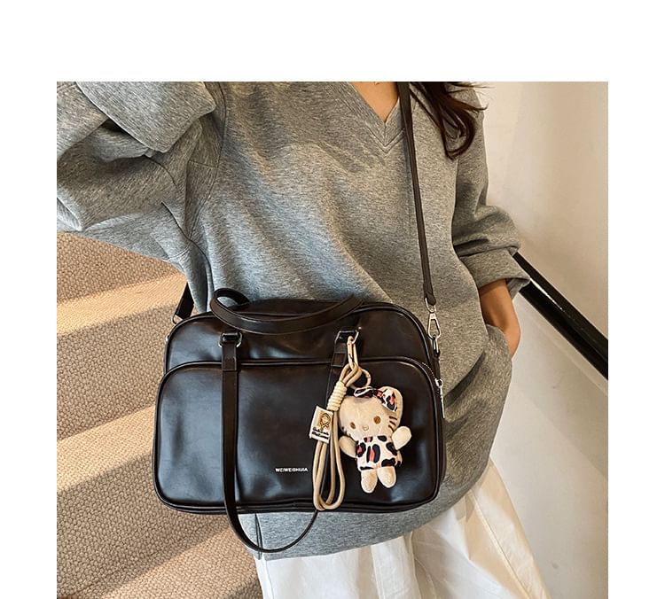 Multi-Pocket Lettering Faux Leather Tote Bag