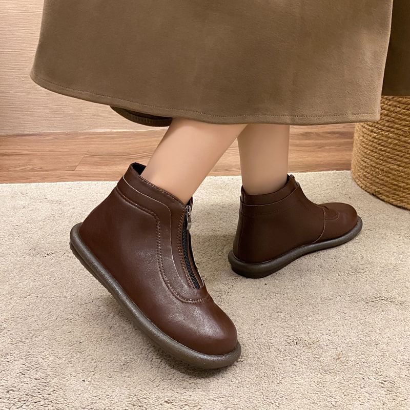 Boots Plain Zip-Up Short Leather Faux