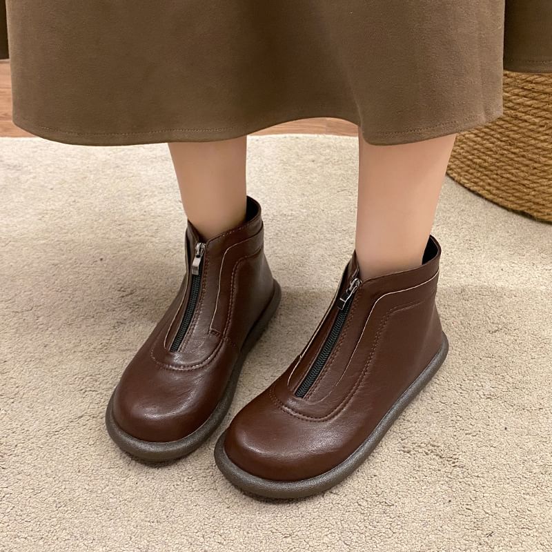 Boots Plain Zip-Up Short Leather Faux