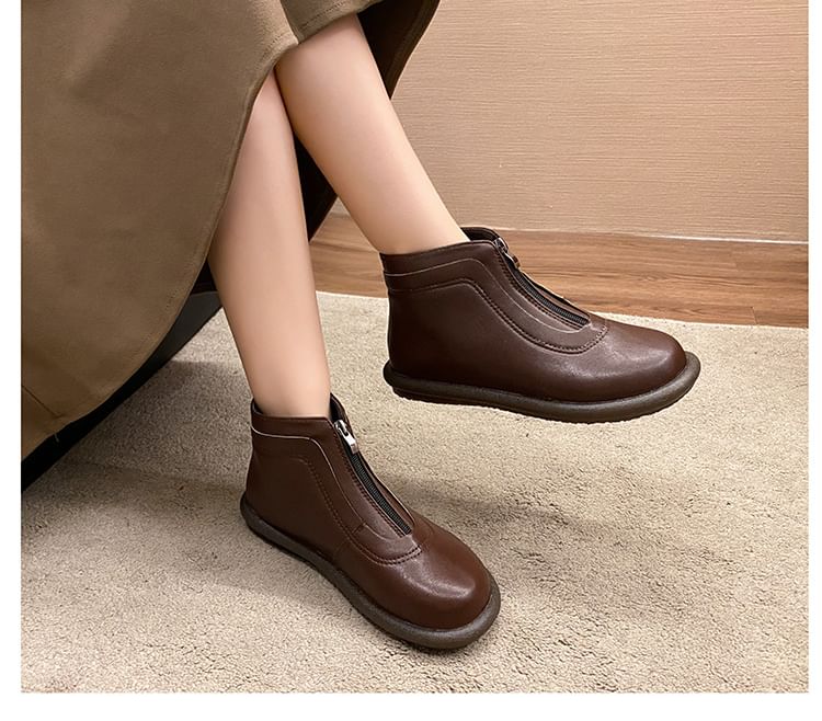 Boots Plain Zip-Up Short Leather Faux