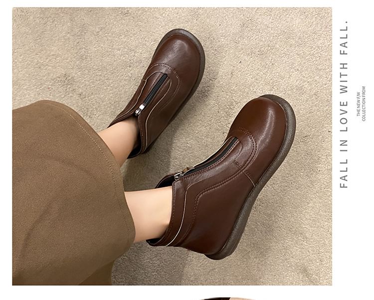 Boots Plain Zip-Up Short Leather Faux