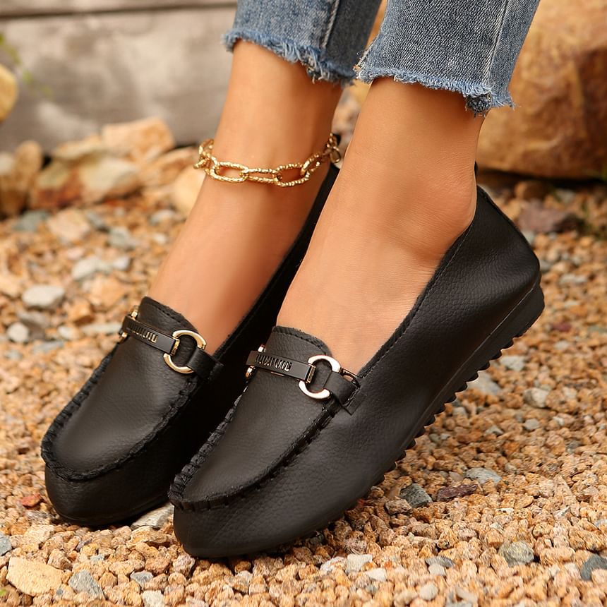 Buckled Faux Leather Slip-Ons Plain