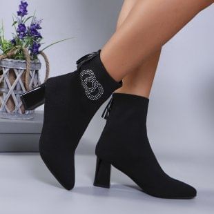 Socks Short Pointed Chunky Heel Boots Accent Rhinestone Toe