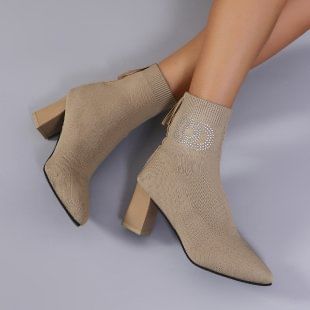 Socks Short Pointed Chunky Heel Boots Accent Rhinestone Toe
