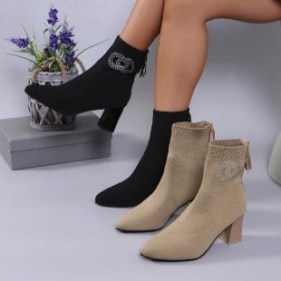 Socks Short Pointed Chunky Heel Boots Accent Rhinestone Toe