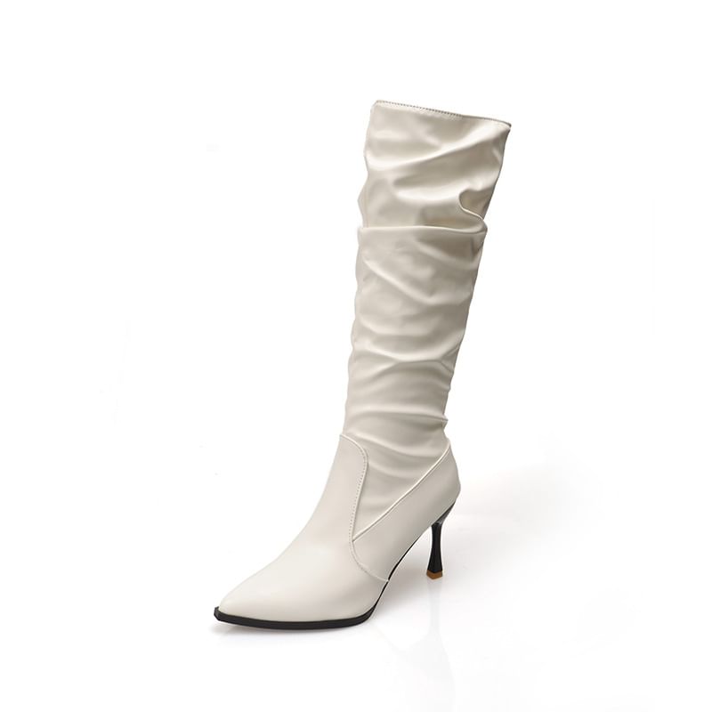 Heel Tall Plain Toe High Leather Faux Pointed Boots