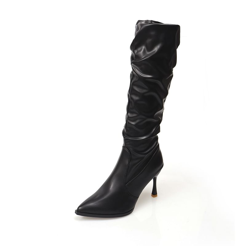 Heel Tall Plain Toe High Leather Faux Pointed Boots