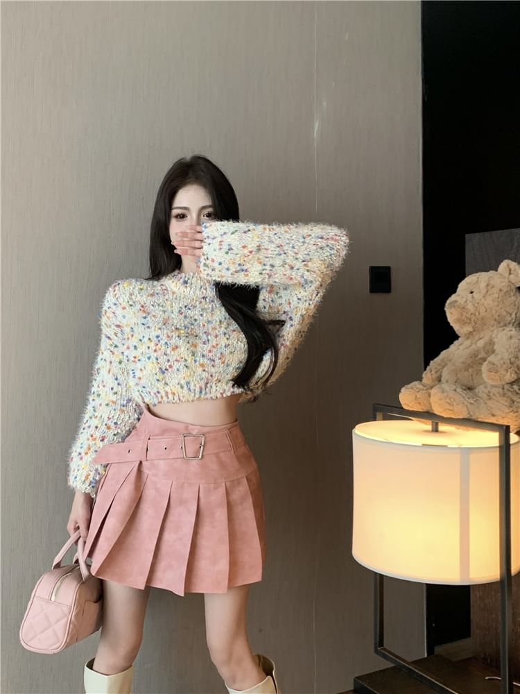 Dotted Neck Mini Pleated Washed High Mock Rise Skirt A-Line / Sweater Cropped