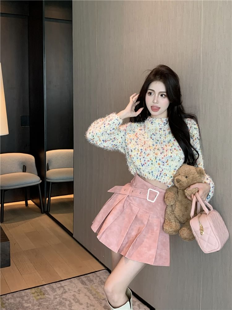 Dotted Neck Mini Pleated Washed High Mock Rise Skirt A-Line / Sweater Cropped