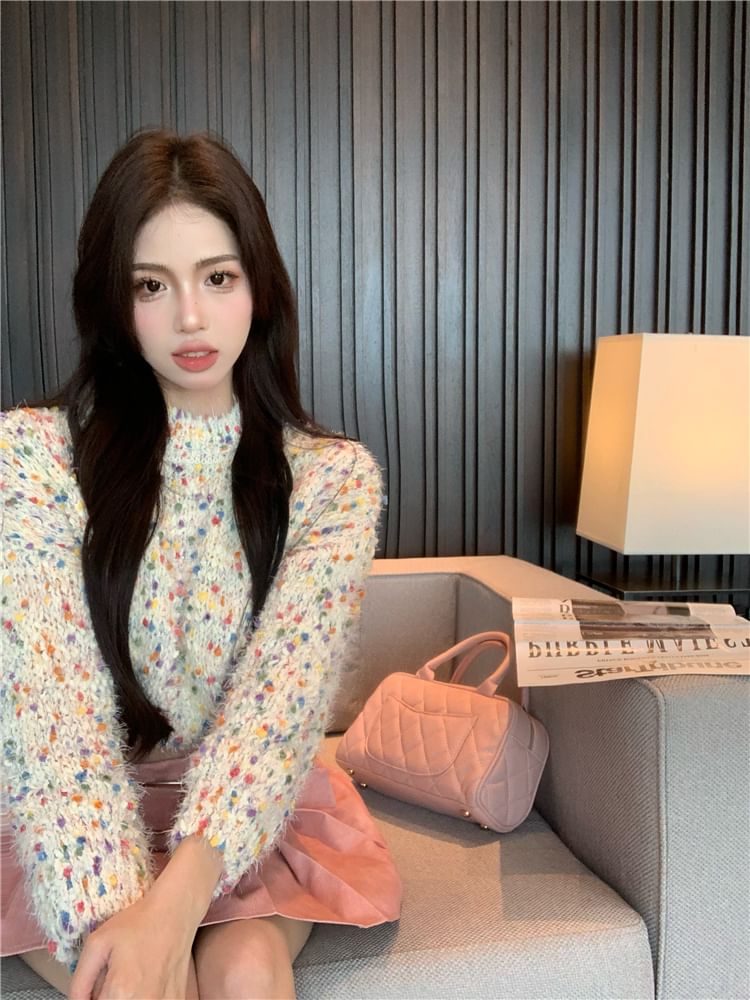 Dotted Neck Mini Pleated Washed High Mock Rise Skirt A-Line / Sweater Cropped