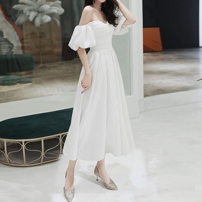/ A-Line Plain Gown Wedding Off-Shoulder Midi Dress Puff-Sleeve