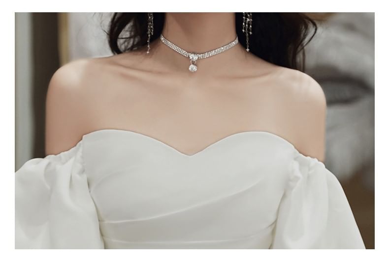 / A-Line Plain Gown Wedding Off-Shoulder Midi Dress Puff-Sleeve