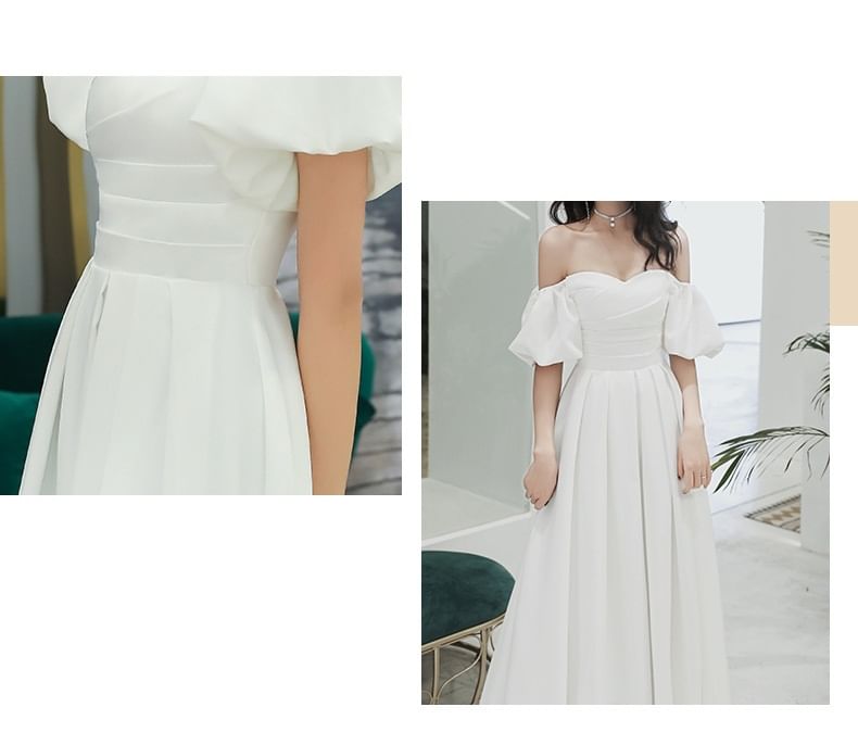 / A-Line Plain Gown Wedding Off-Shoulder Midi Dress Puff-Sleeve