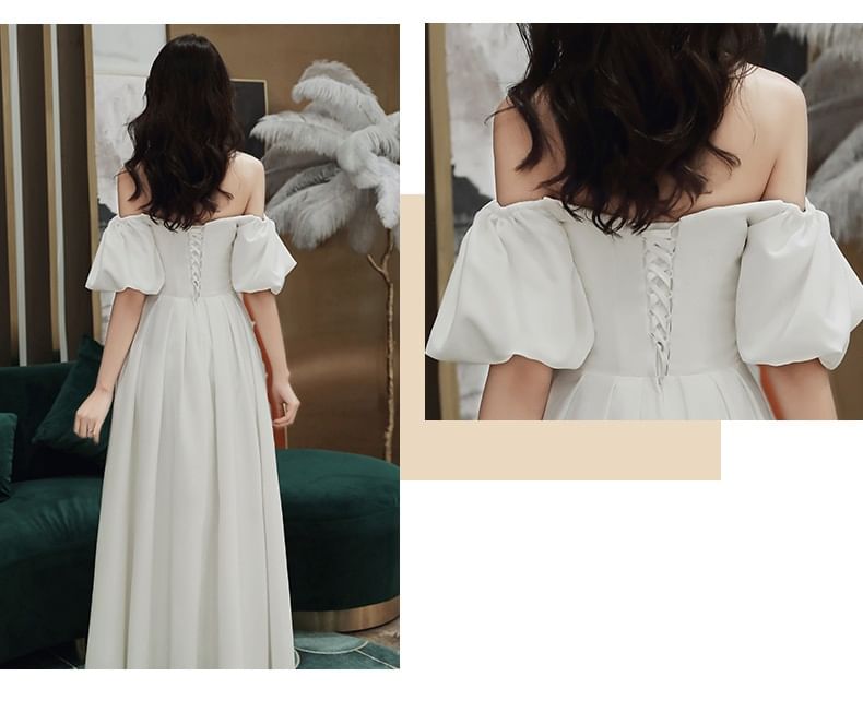 / A-Line Plain Gown Wedding Off-Shoulder Midi Dress Puff-Sleeve