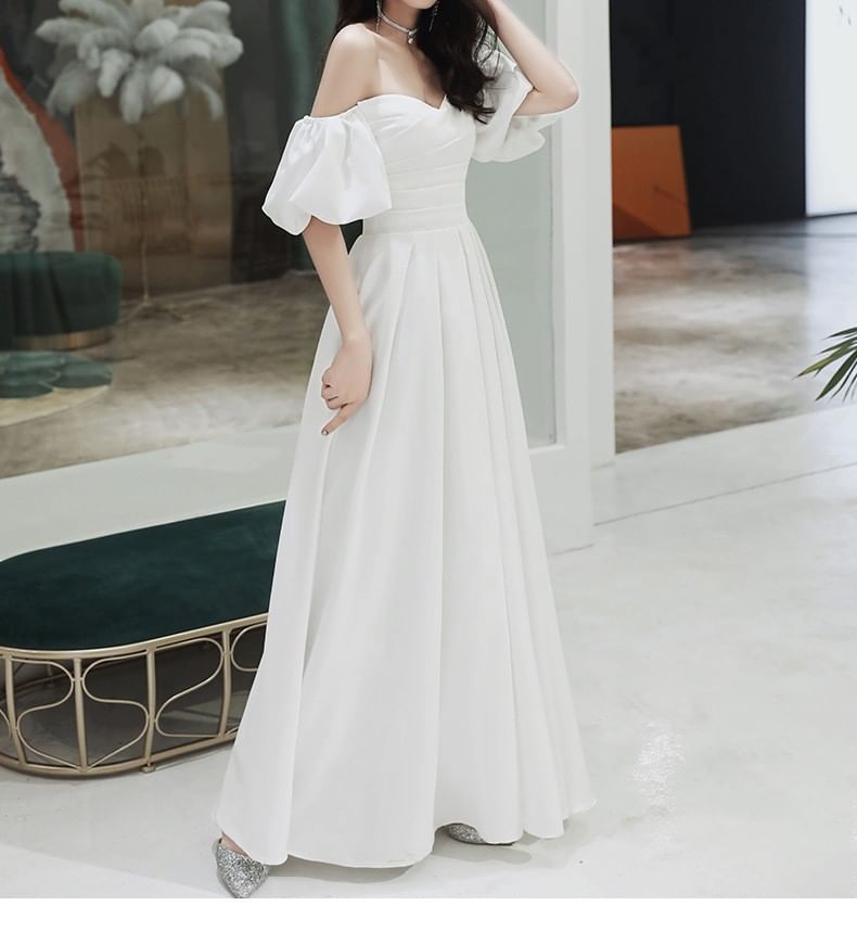 / A-Line Plain Gown Wedding Off-Shoulder Midi Dress Puff-Sleeve