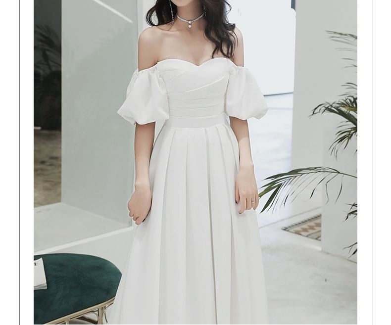 / A-Line Plain Gown Wedding Off-Shoulder Midi Dress Puff-Sleeve