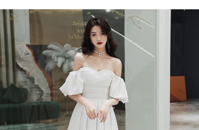 / A-Line Plain Gown Wedding Off-Shoulder Midi Dress Puff-Sleeve