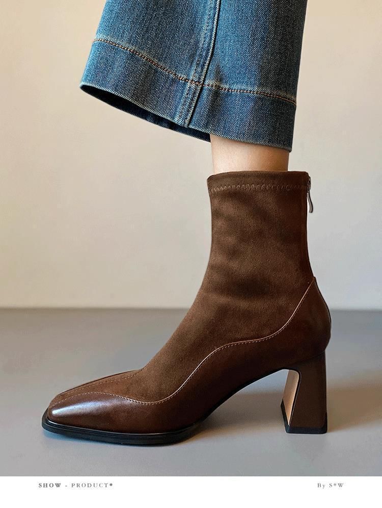 Boots Faux Heel Short Leather Block