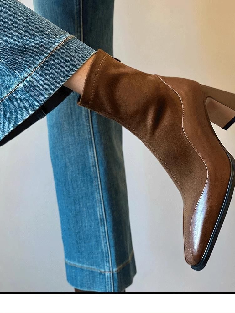 Boots Faux Heel Short Leather Block