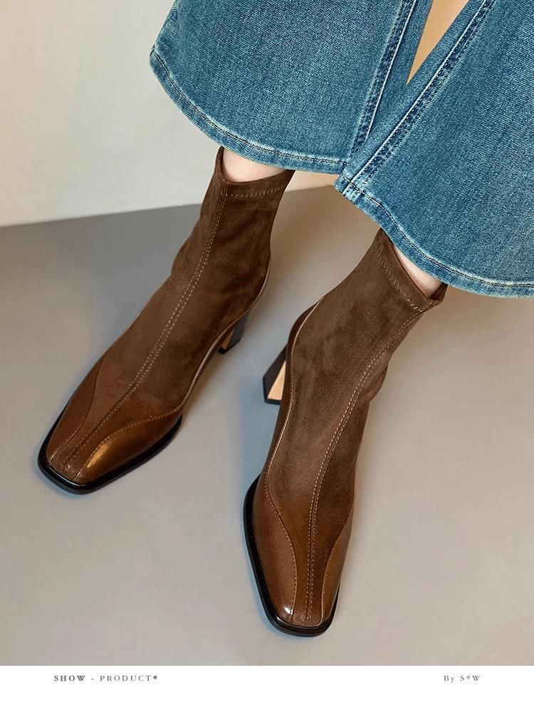 Boots Faux Heel Short Leather Block