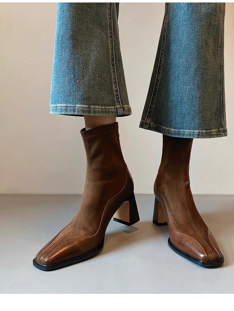 Boots Faux Heel Short Leather Block