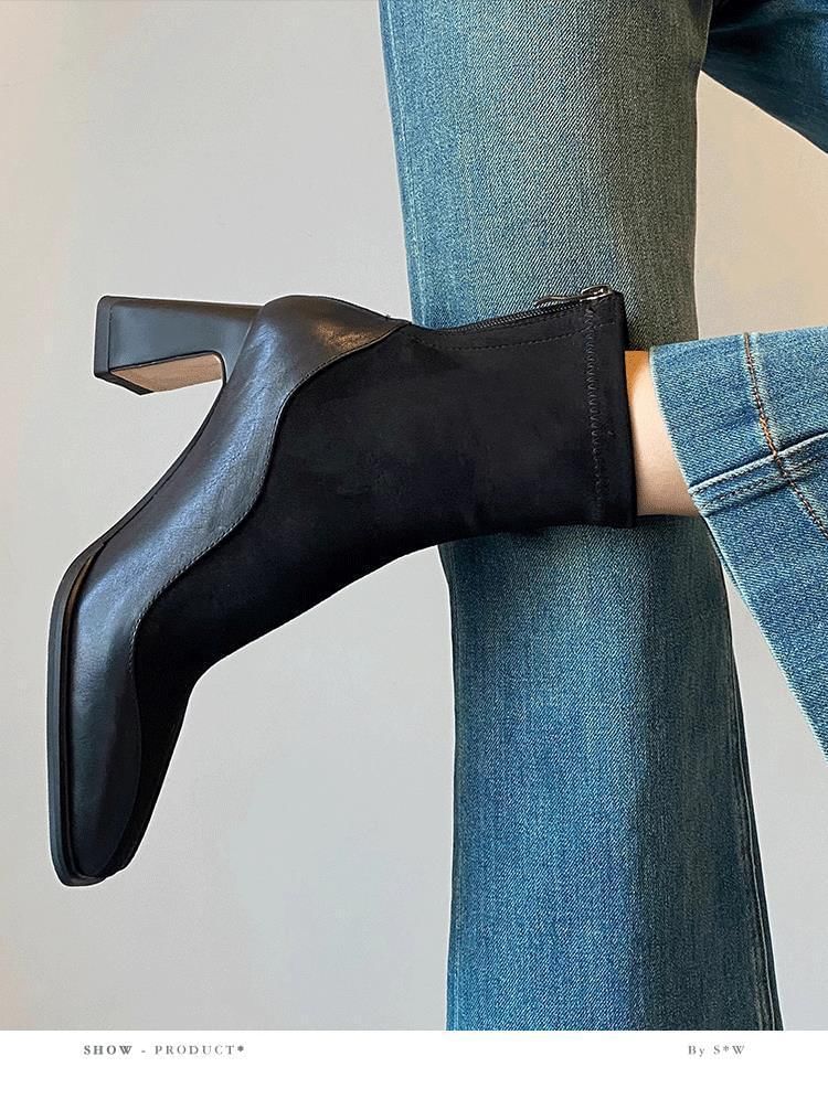 Boots Faux Heel Short Leather Block