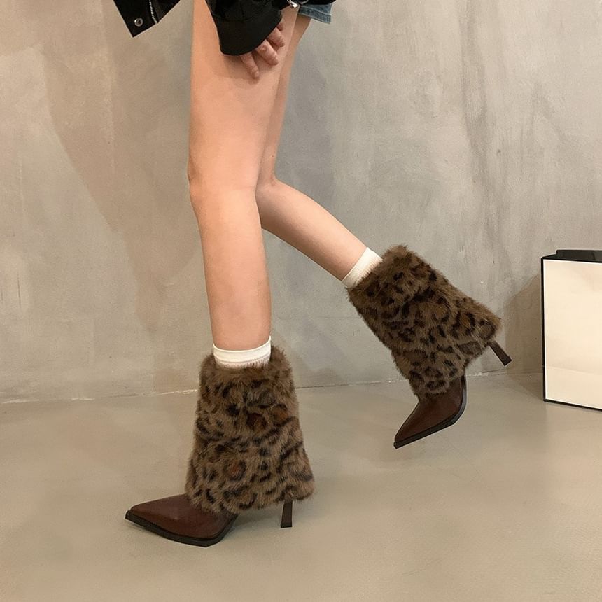 Heel Print Pointed High Boots Leopard Short