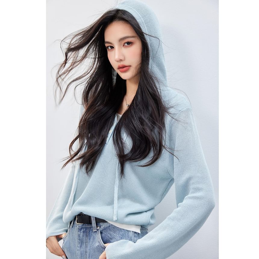 Mock Hoodie V-Neck Two Two-Piece Tone Knit
