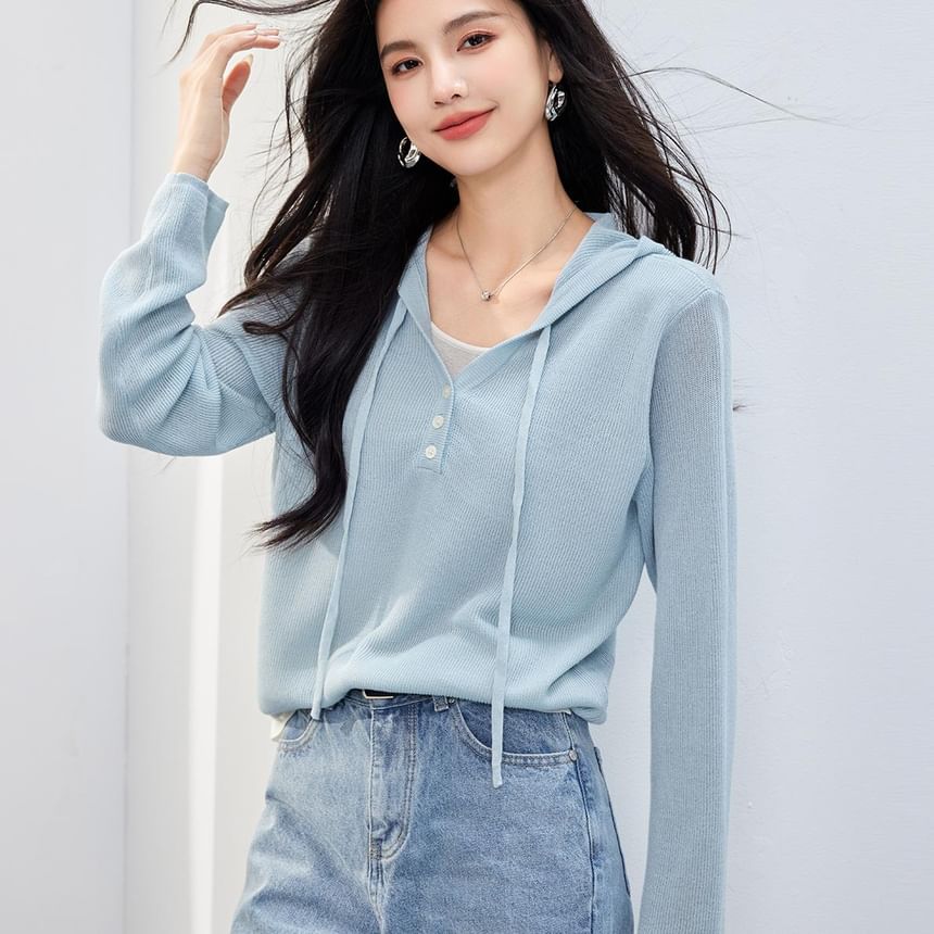 Mock Hoodie V-Neck Two Two-Piece Tone Knit